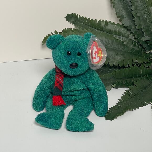 TY Beanie Baby WALLACE GREEN TEDDY BEAR W/ SCARF 8" STUFFED - Picture 1 of 5
